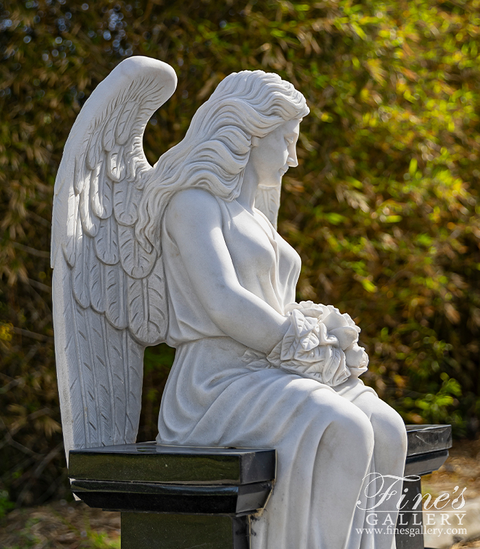 Marble Memorials  - White Marble Angel With Black Granite Bench And Urns - MEM-519